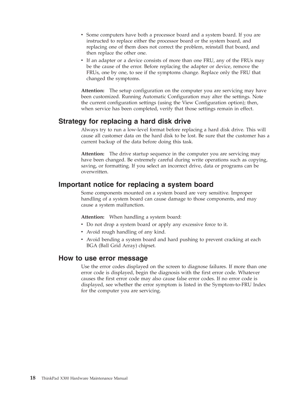 Lenovo X300 manual Strategy for replacing a hard disk drive, Important notice for replacing a system board 