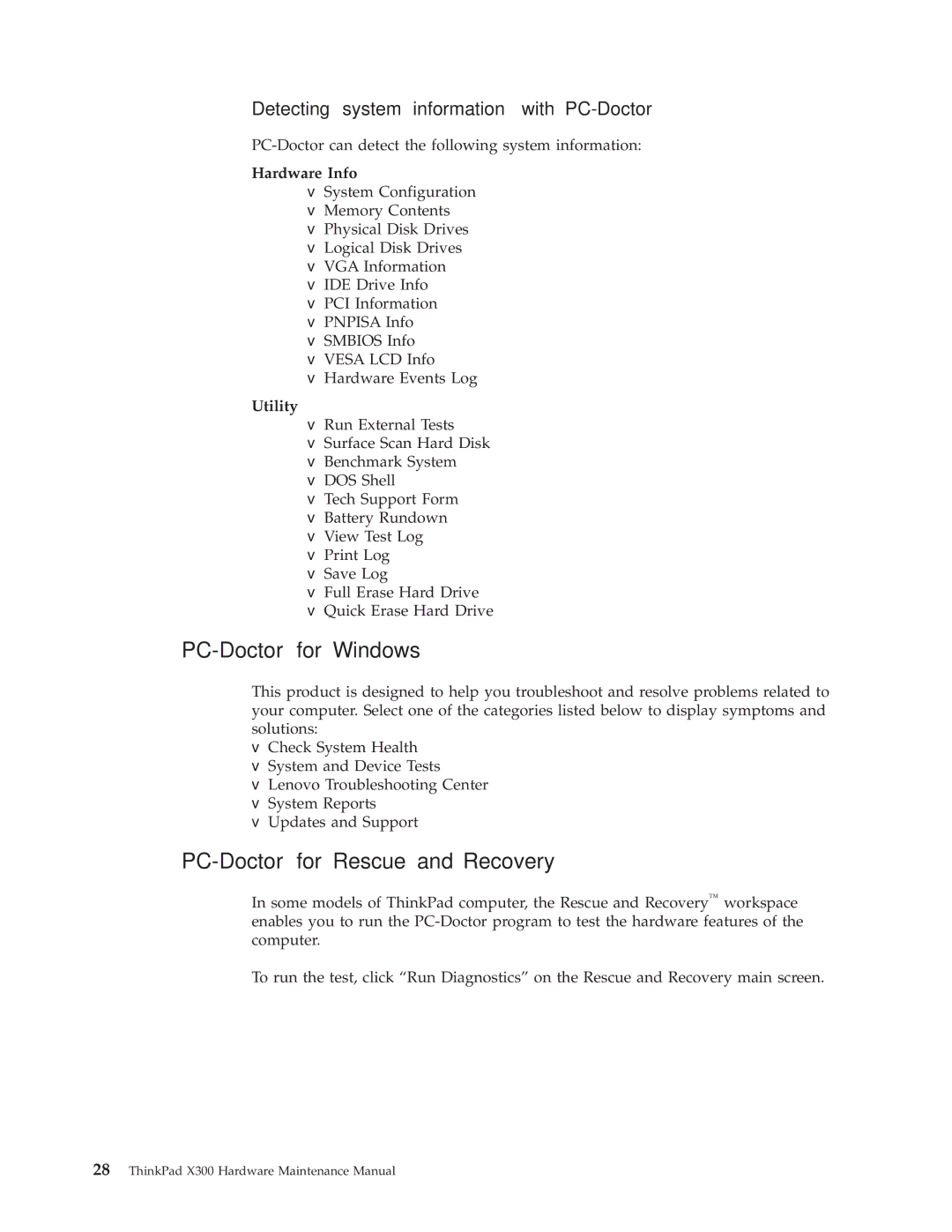 Lenovo X300 manual PC-Doctor for Windows, PC-Doctor for Rescue and Recovery, Hardware Info, Utility 