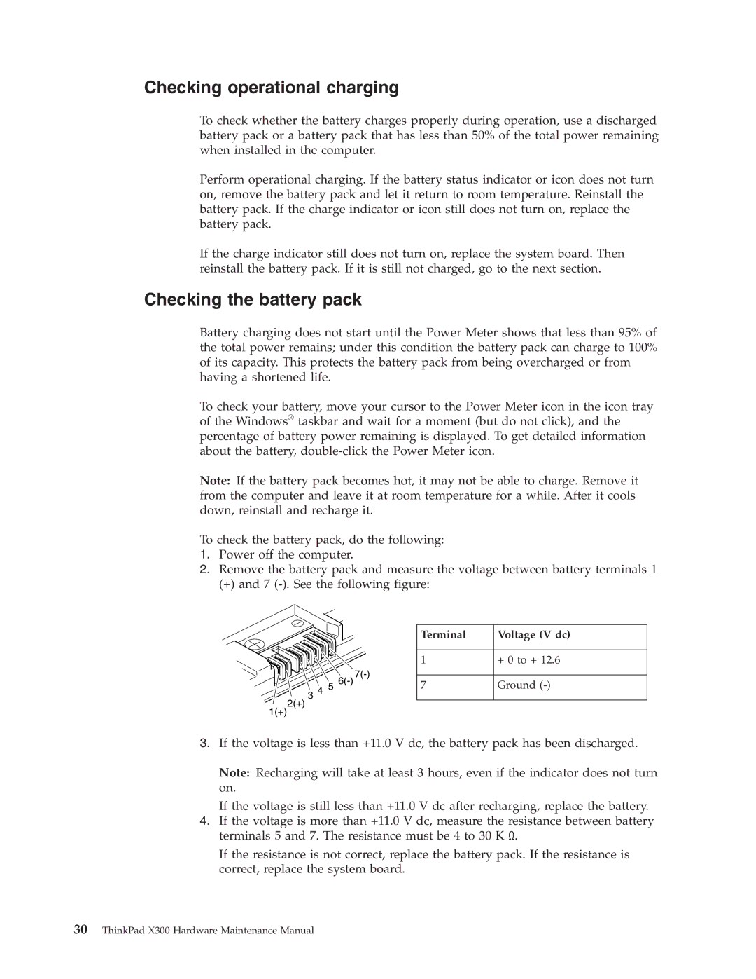 Lenovo X300 manual Checking operational charging, Checking the battery pack, Terminal Voltage V dc 