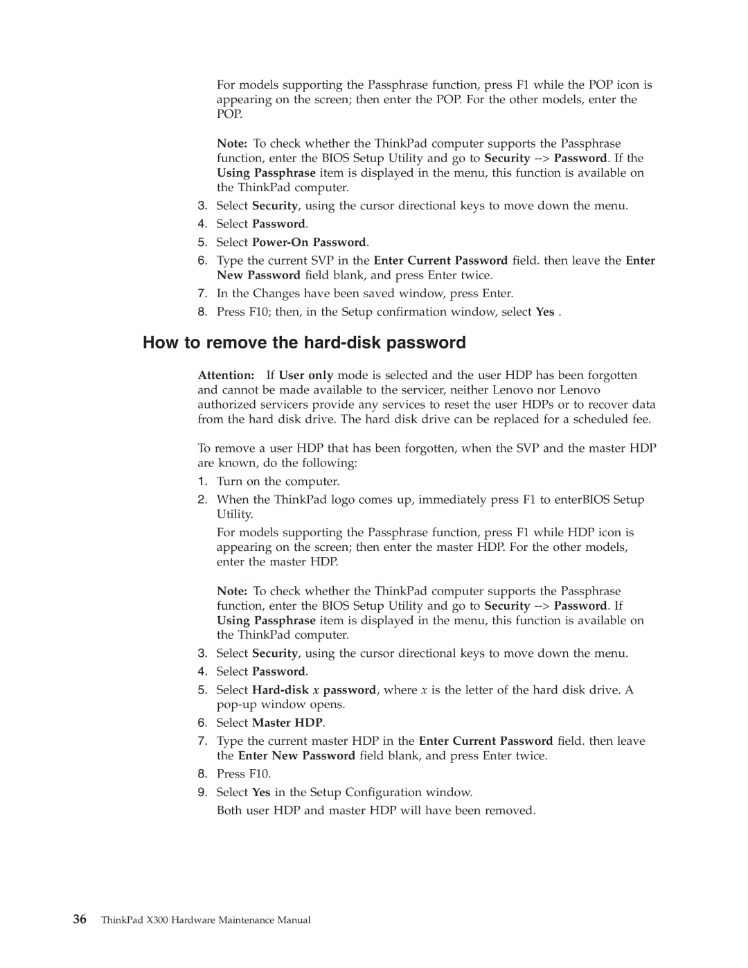 Lenovo X300 manual How to remove the hard-disk password, Select Power-On Password, Select Master HDP 