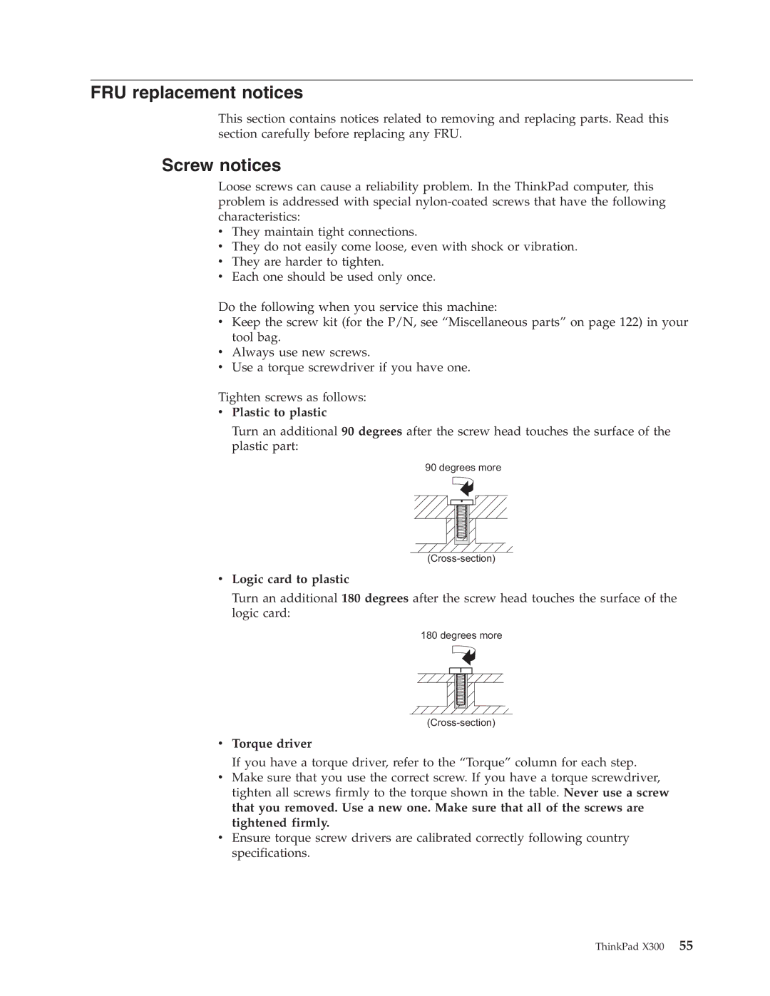 Lenovo X300 manual FRU replacement notices, Screw notices, Plastic to plastic, Logic card to plastic, Torque driver 