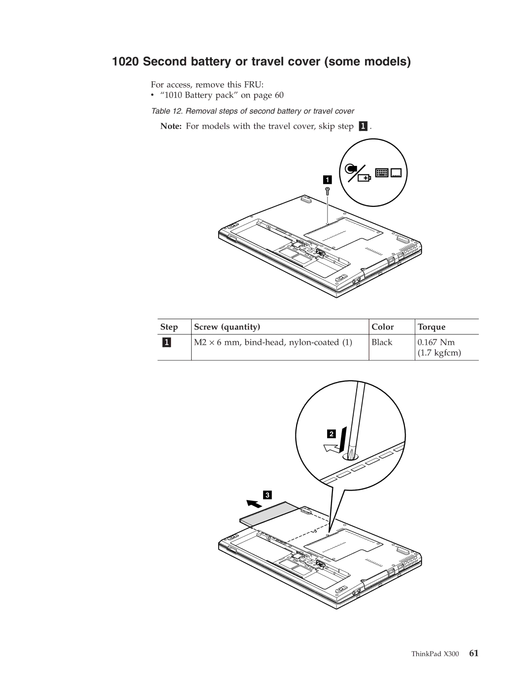 Lenovo X300 manual Second battery or travel cover some models, Step Screw quantity Color Torque 