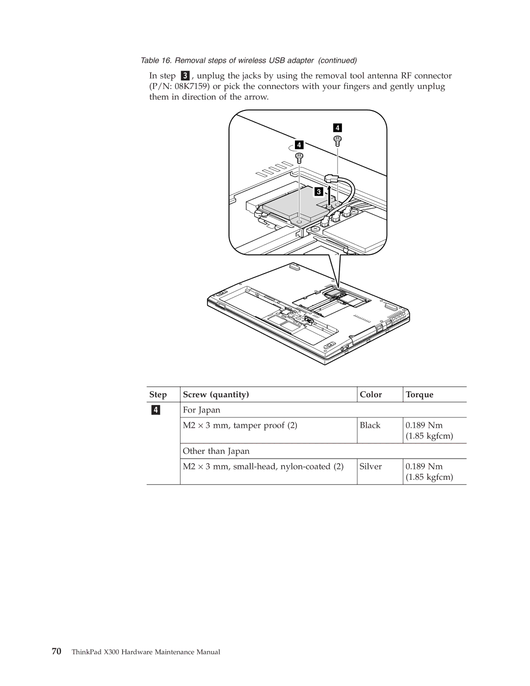 Lenovo X300 manual Step Screw quantity Color Torque 