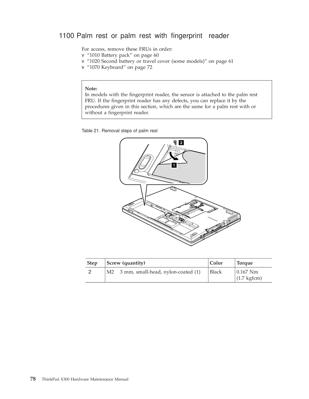 Lenovo X300 manual Palm rest or palm rest with fingerprint reader, Step Screw quantity Color Torque 