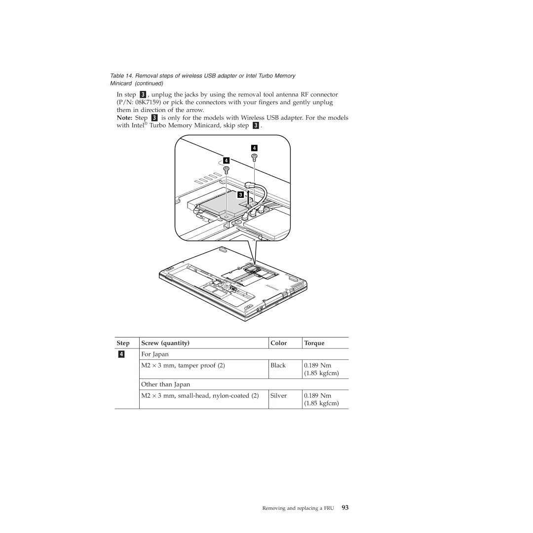 Lenovo X301 manual Step Screw quantity Color Torque 