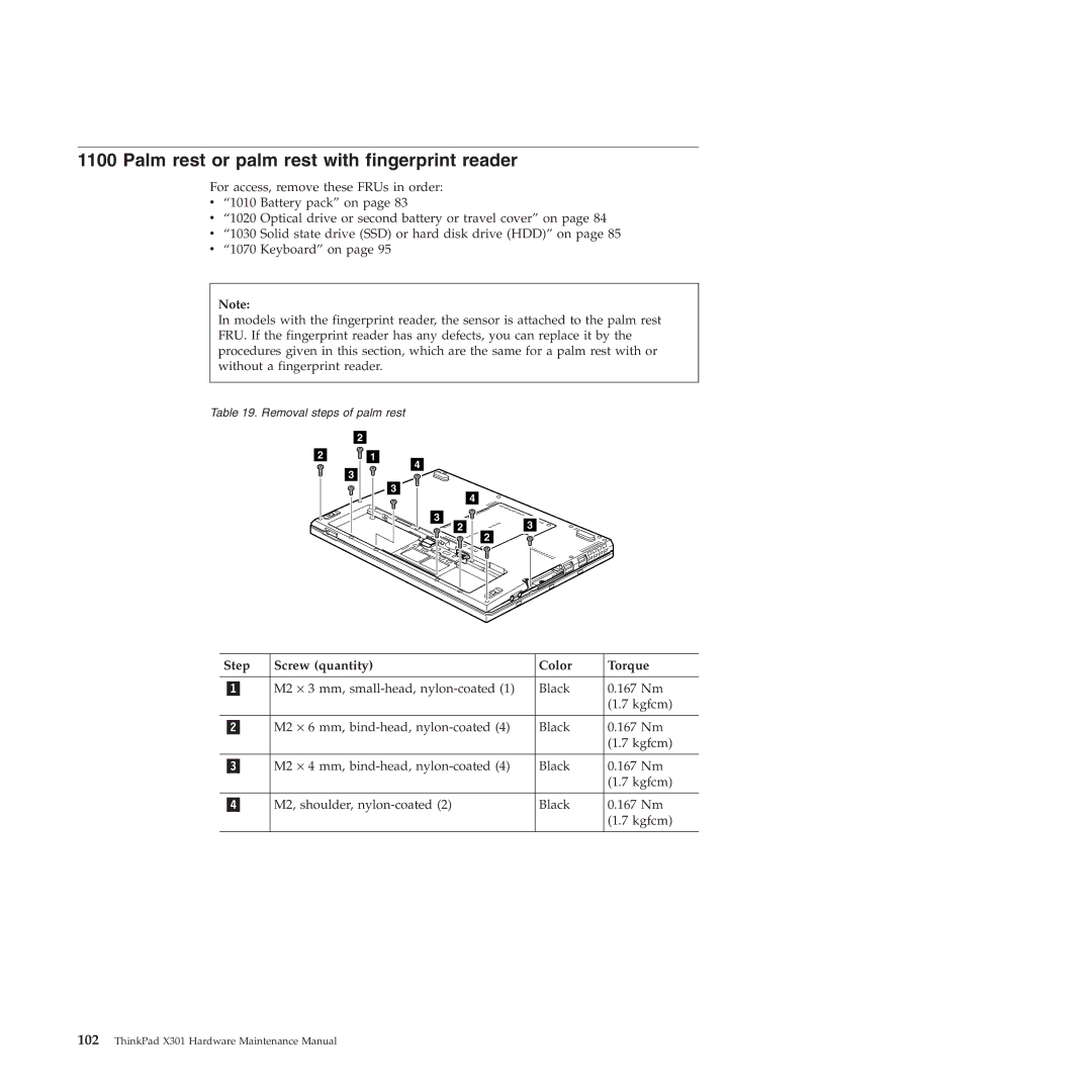 Lenovo X301 manual Palm rest or palm rest with fingerprint reader 