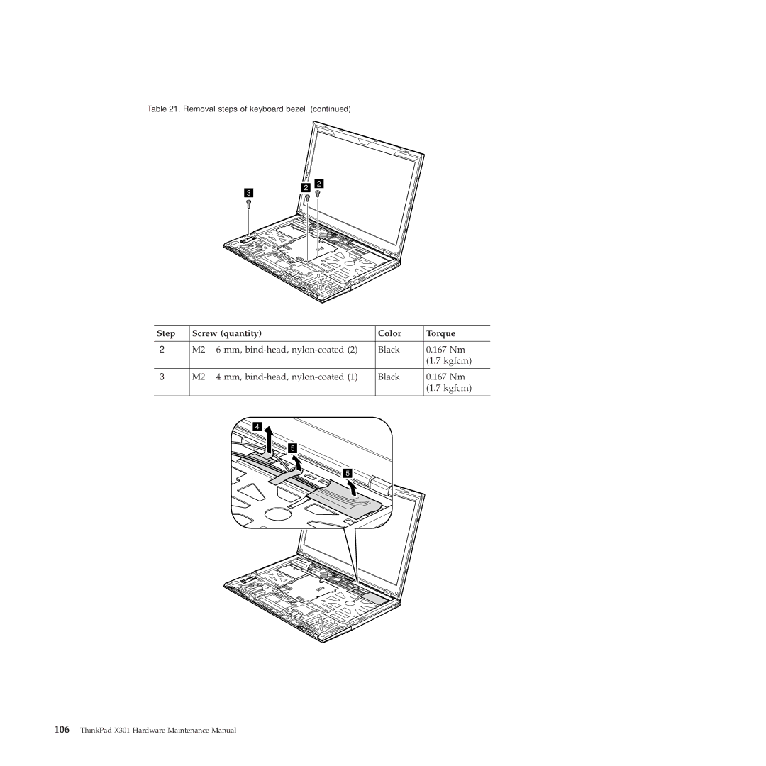 Lenovo X301 manual Step Screw quantity Color Torque 