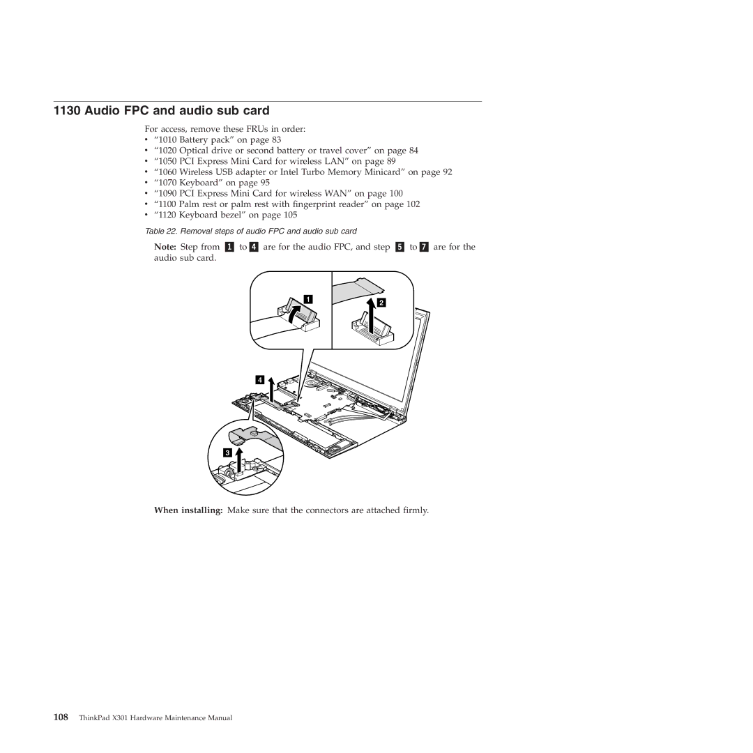 Lenovo X301 manual Audio FPC and audio sub card 