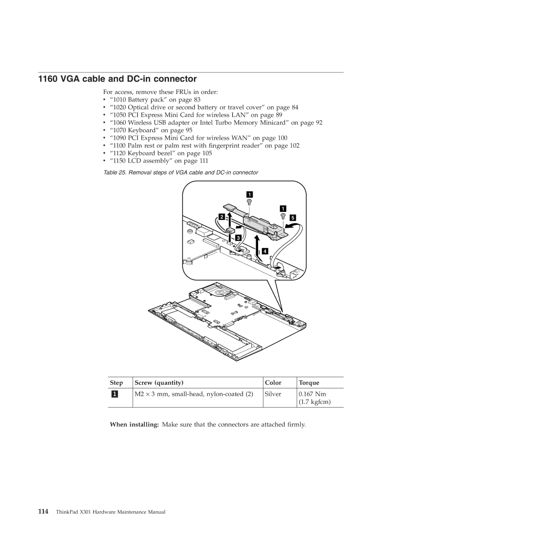 Lenovo X301 manual VGA cable and DC-in connector 