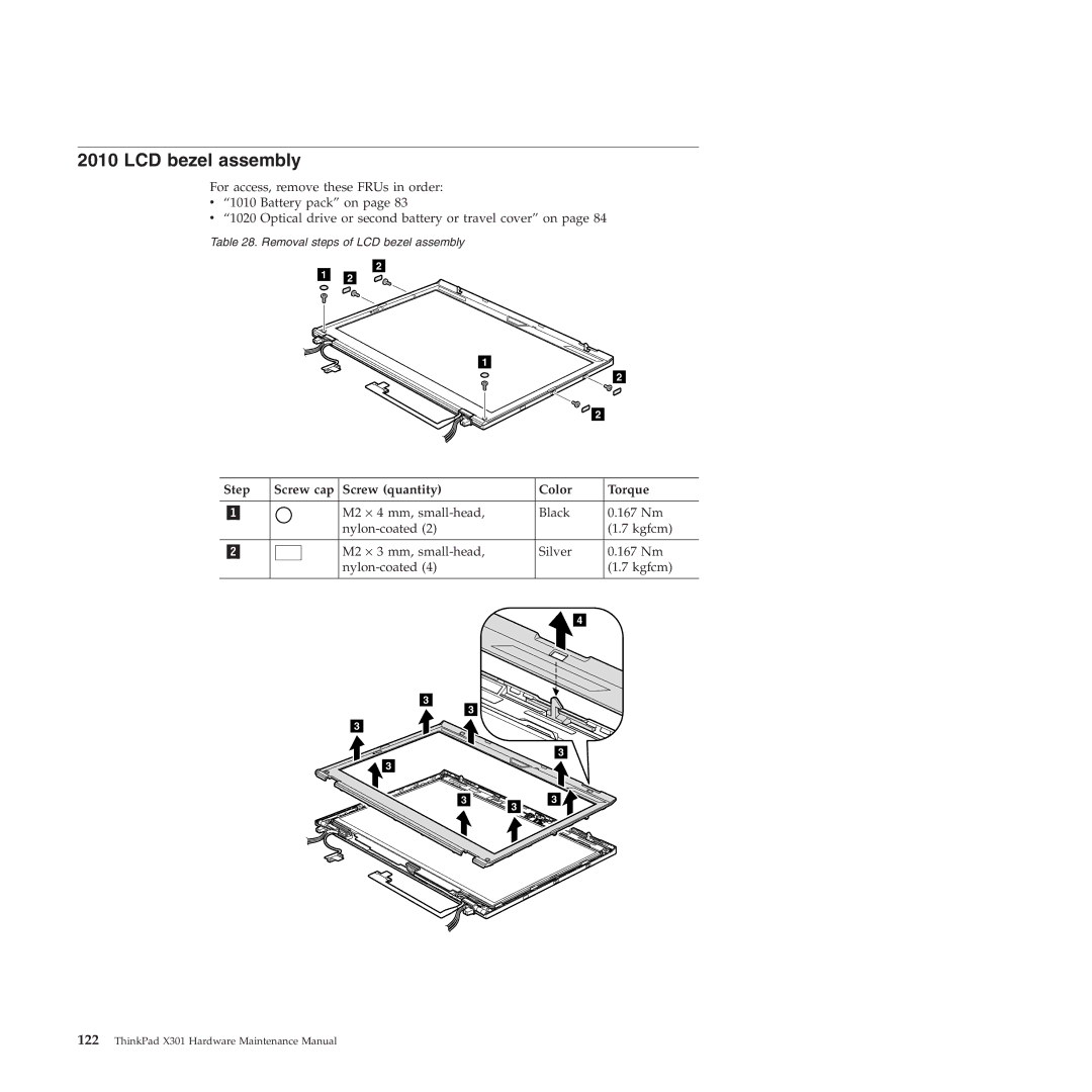 Lenovo X301 manual LCD bezel assembly, Step Screw cap Screw quantity Color Torque 