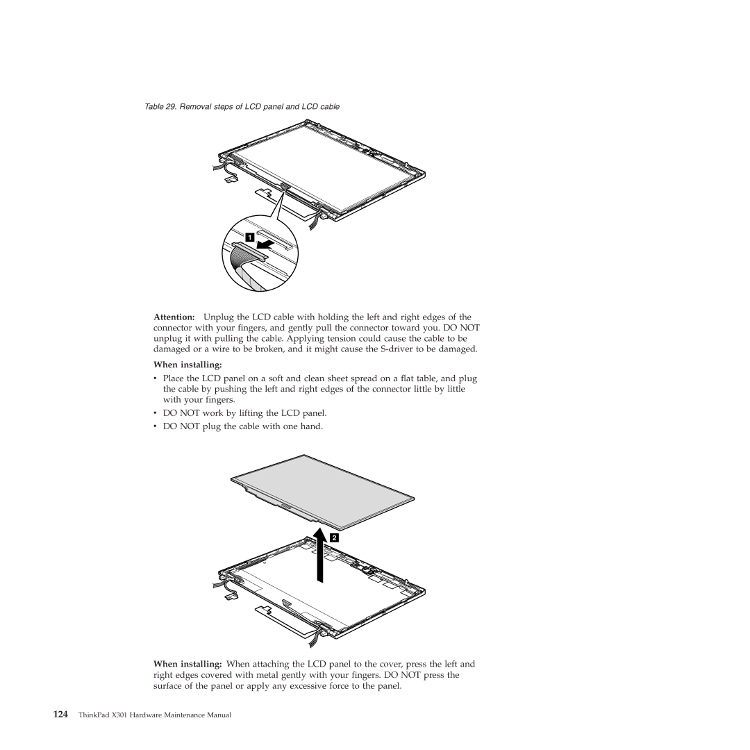 Lenovo X301 manual Removal steps of LCD panel and LCD cable 