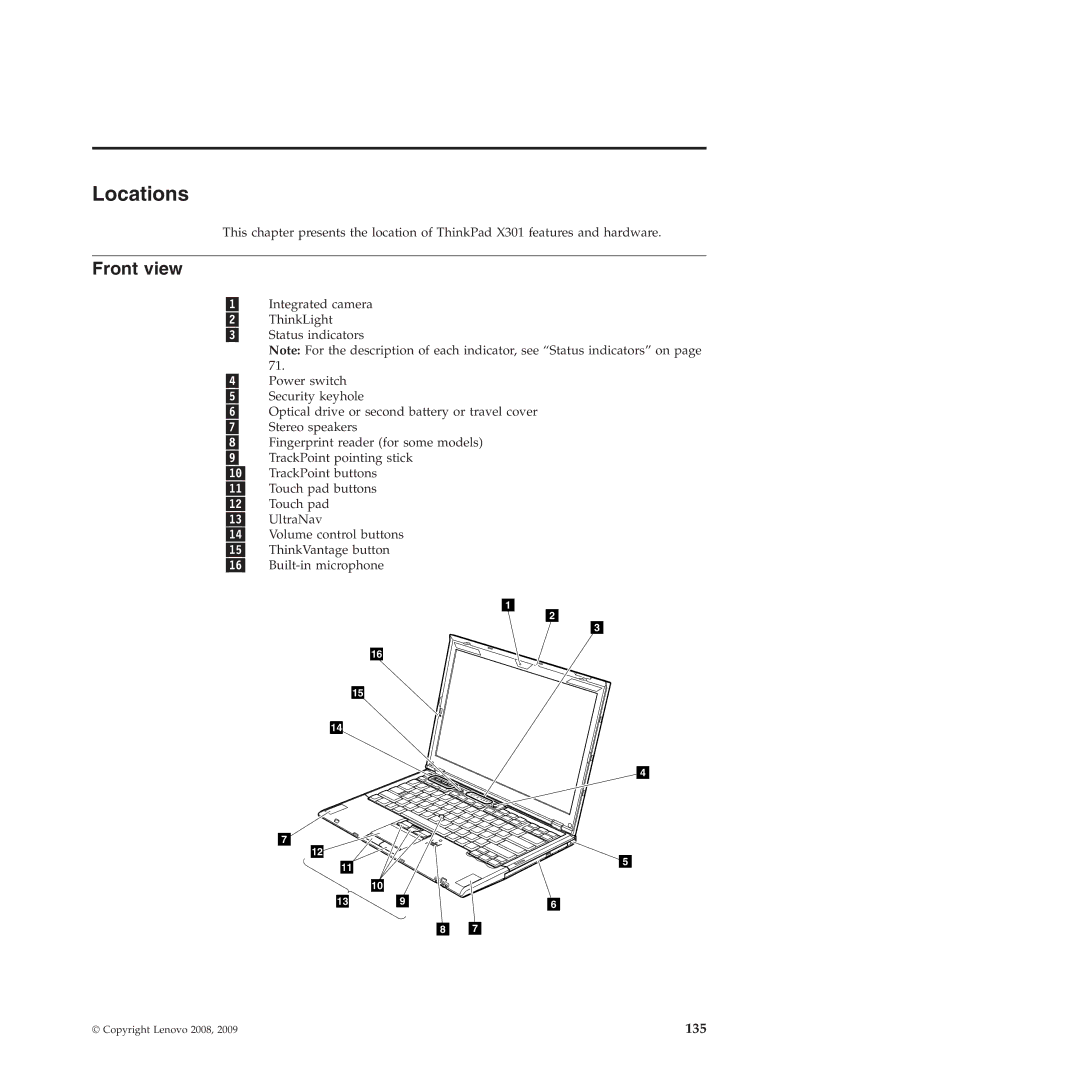 Lenovo X301 manual Locations, Front view 