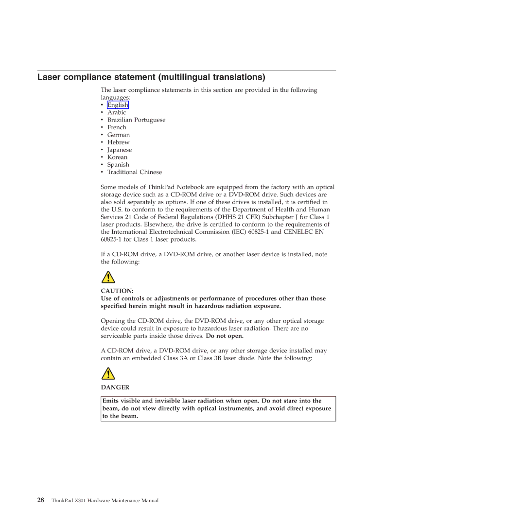 Lenovo X301 manual Laser compliance statement multilingual translations 