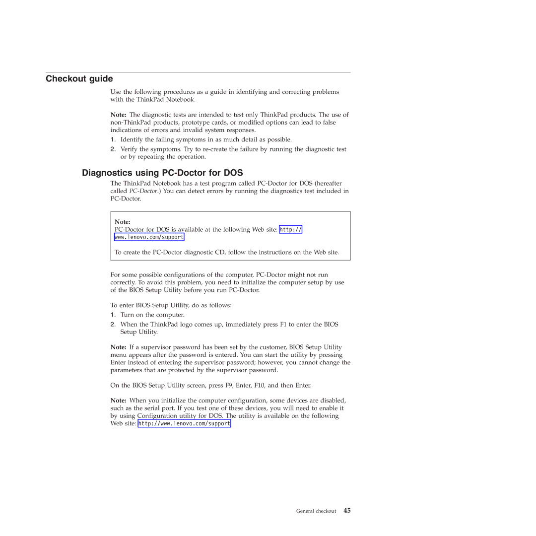 Lenovo X301 manual Checkout guide, Diagnostics using PC-Doctor for DOS 
