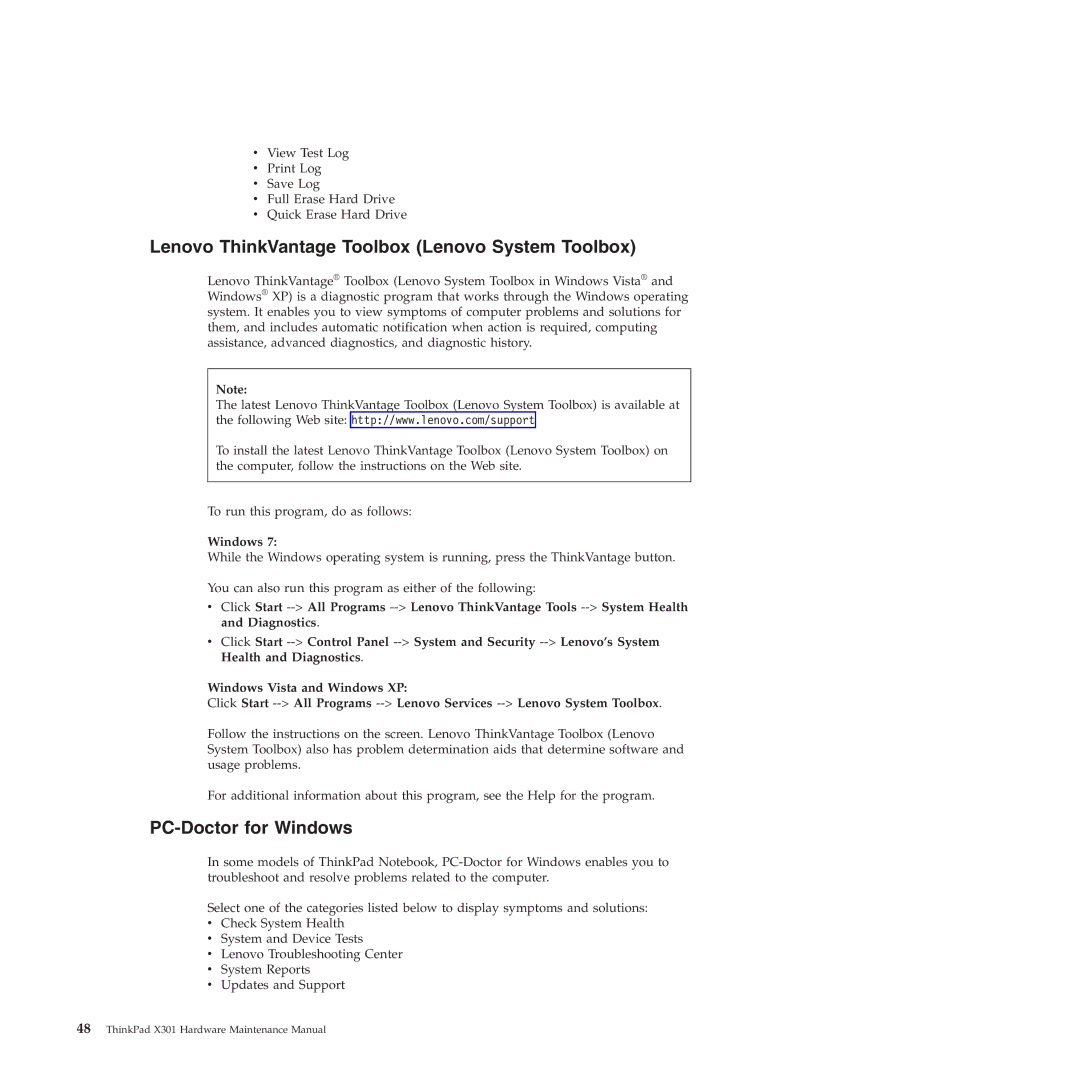 Lenovo X301 manual Lenovo ThinkVantage Toolbox Lenovo System Toolbox, PC-Doctor for Windows 