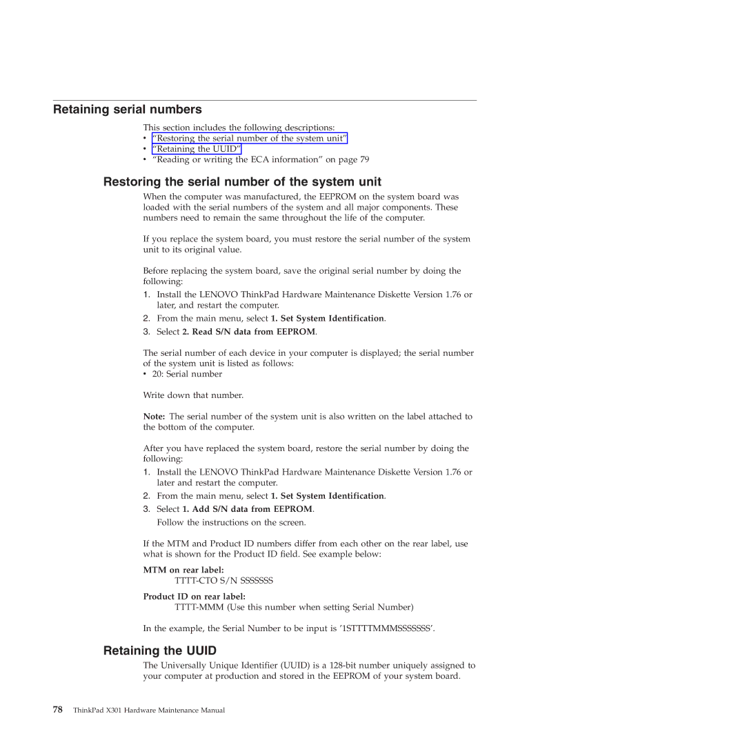 Lenovo X301 manual Retaining serial numbers, Restoring the serial number of the system unit, Retaining the Uuid 