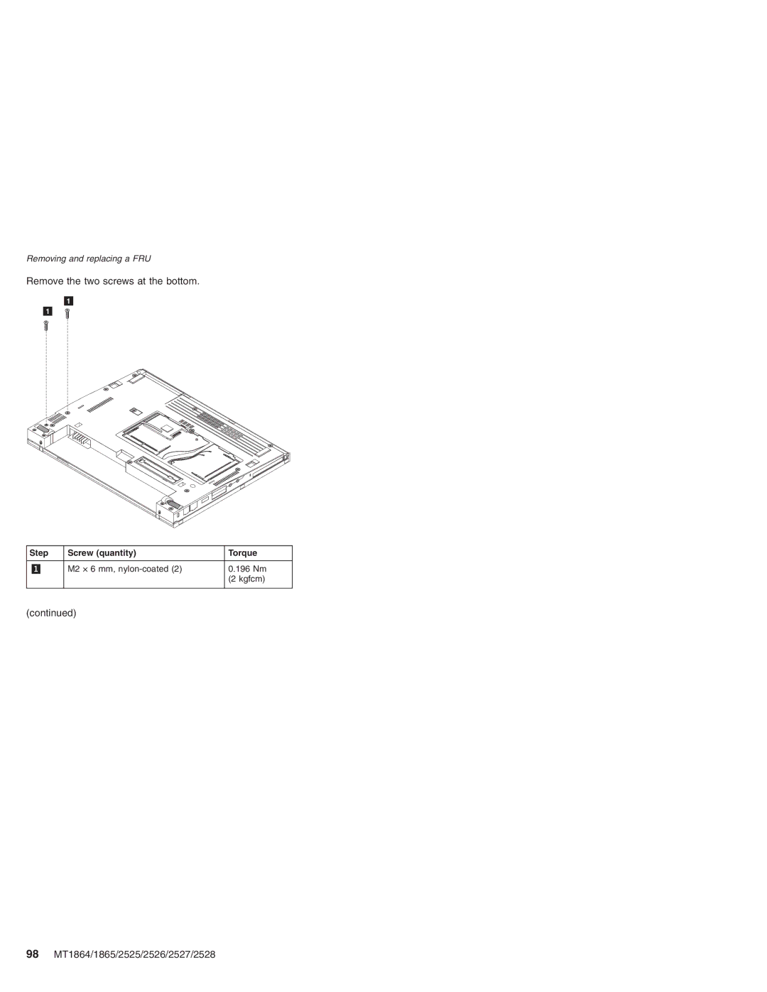 Lenovo X41 manual Remove the two screws at the bottom, 98 MT1864/1865/2525/2526/2527/2528 