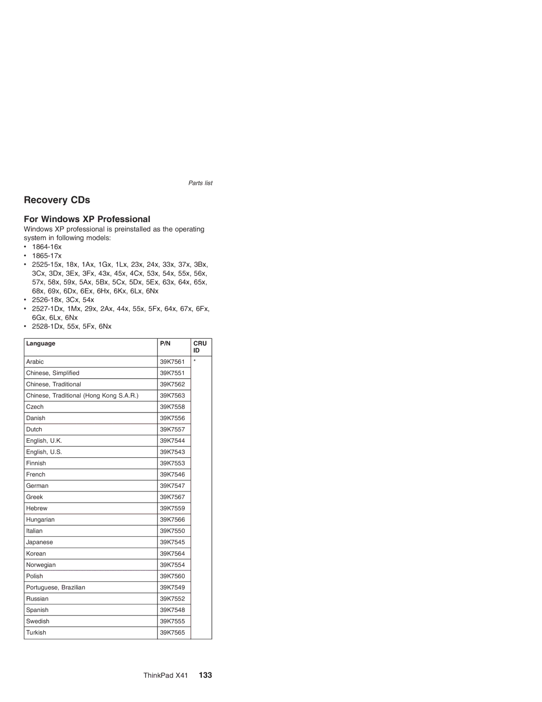 Lenovo X41 manual Recovery CDs, For Windows XP Professional 