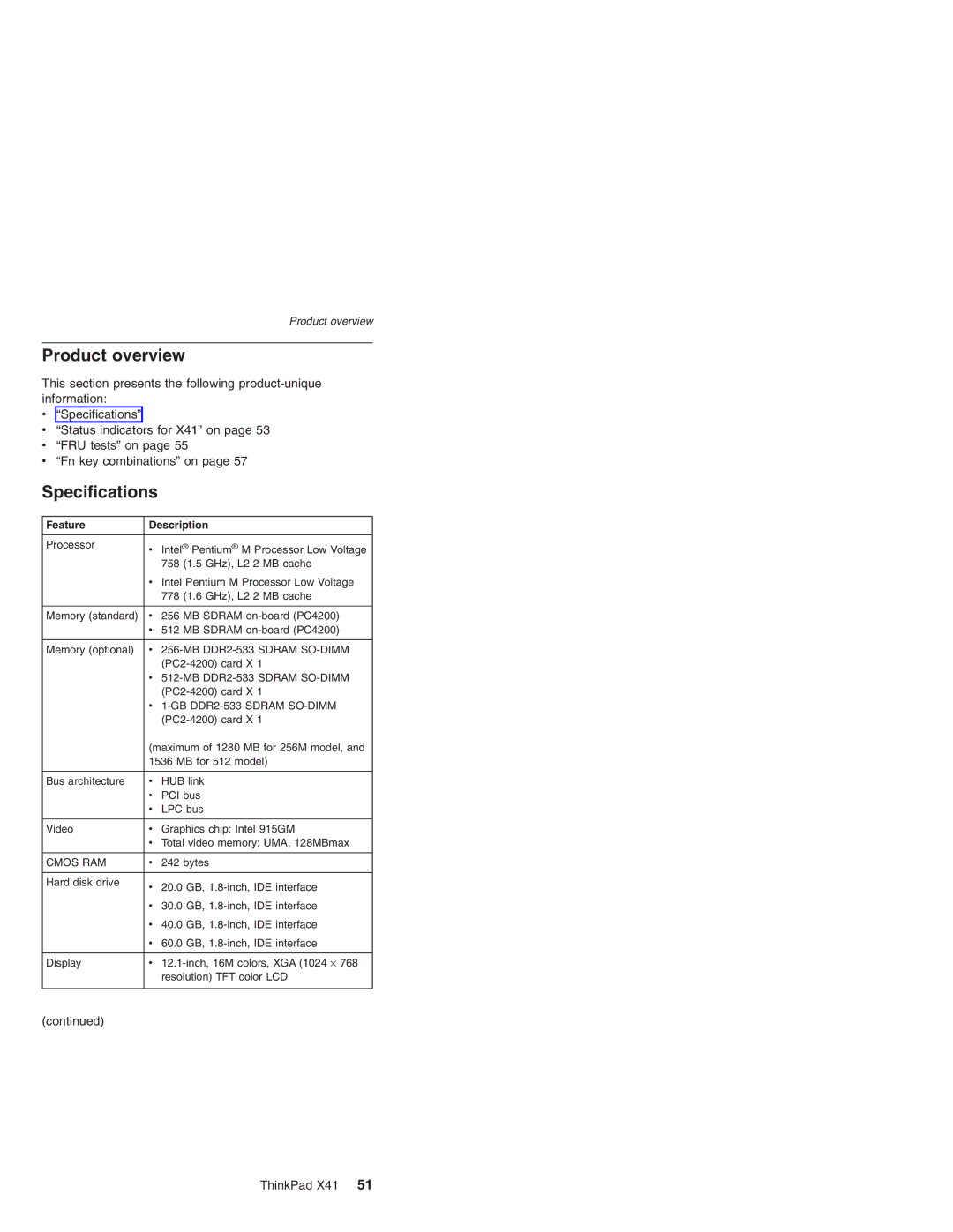 Lenovo manual Product overview, Specifications, ThinkPad X41, Feature Description 