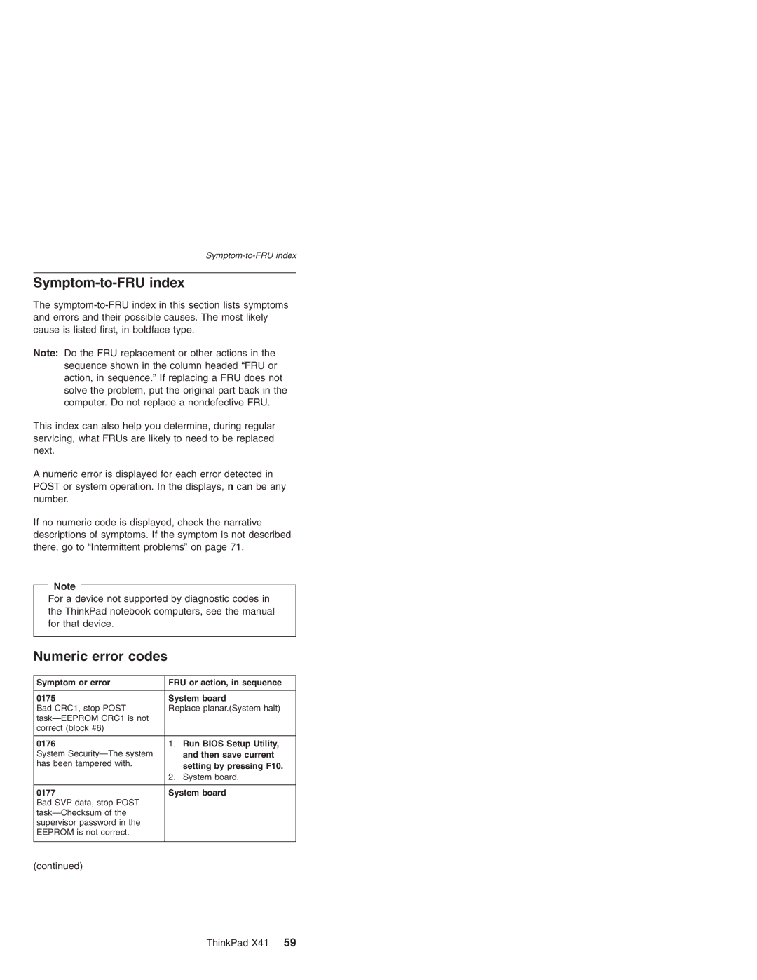 Lenovo X41 manual Symptom-to-FRU index, Numeric error codes 