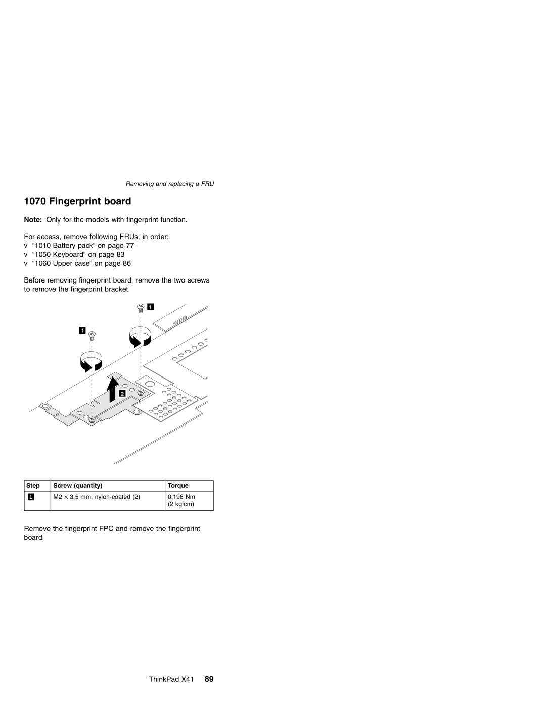 Lenovo X41 manual Fingerprint board, Step Screw quantity Torque 