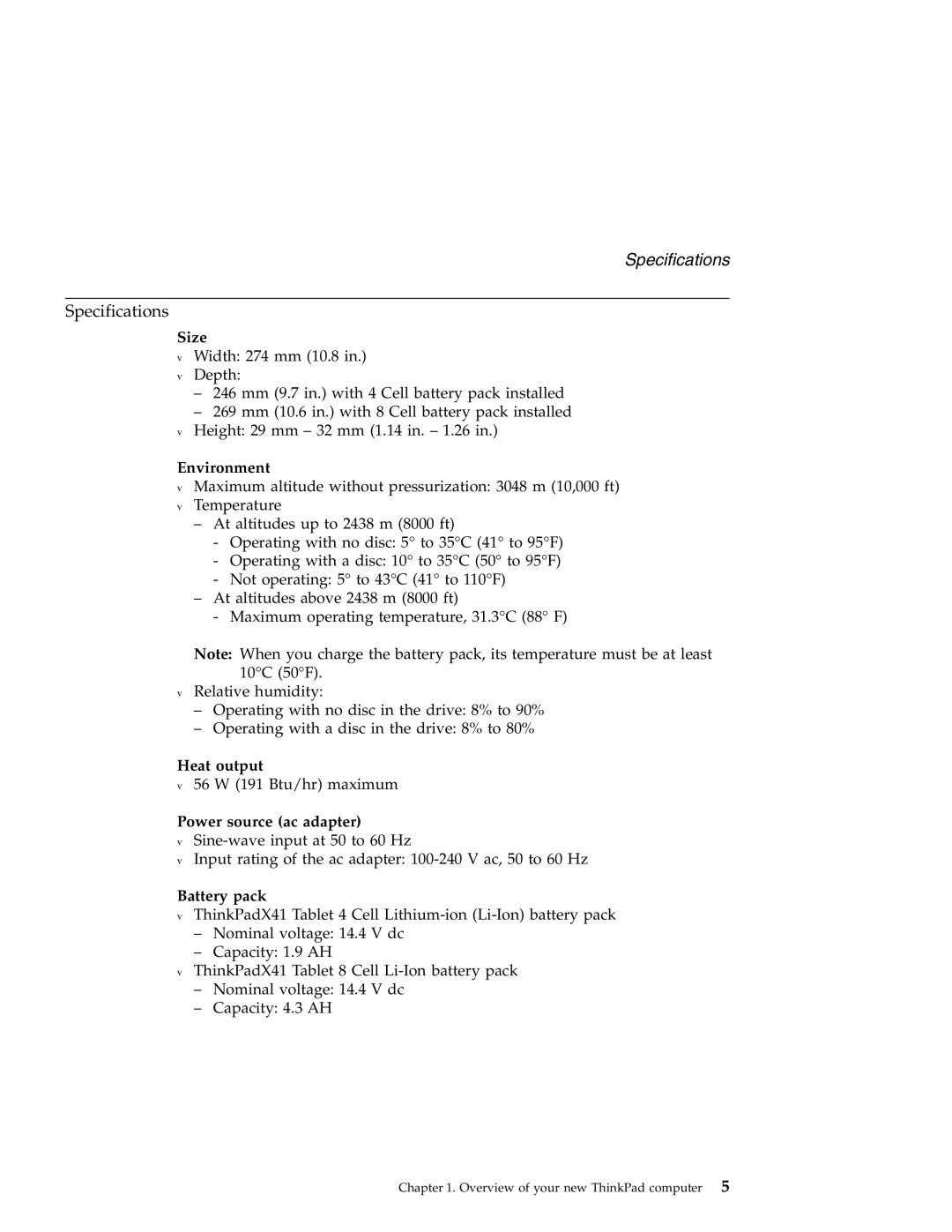 Lenovo X41 manual Specifications 