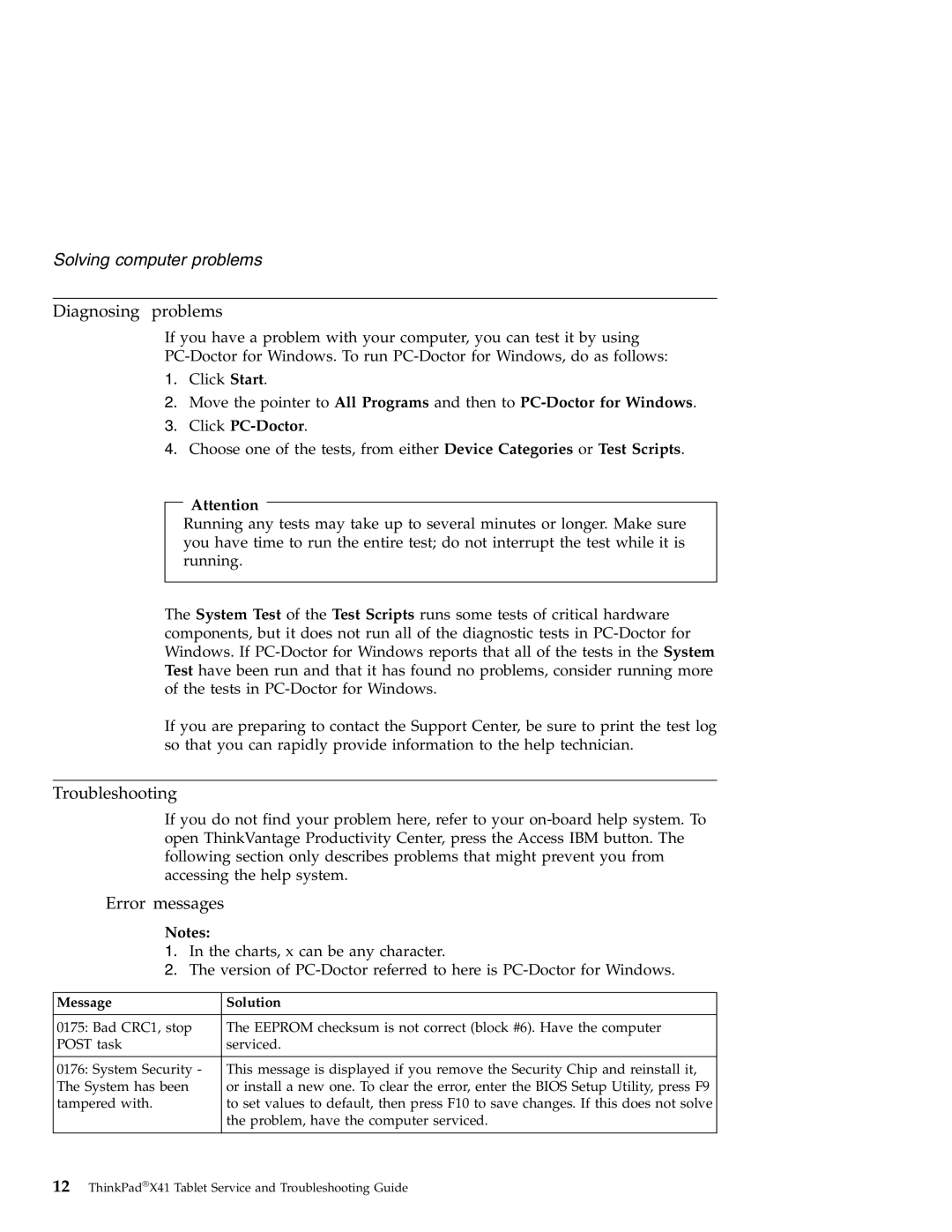 Lenovo X41 manual Diagnosing problems, Troubleshooting, Error messages 