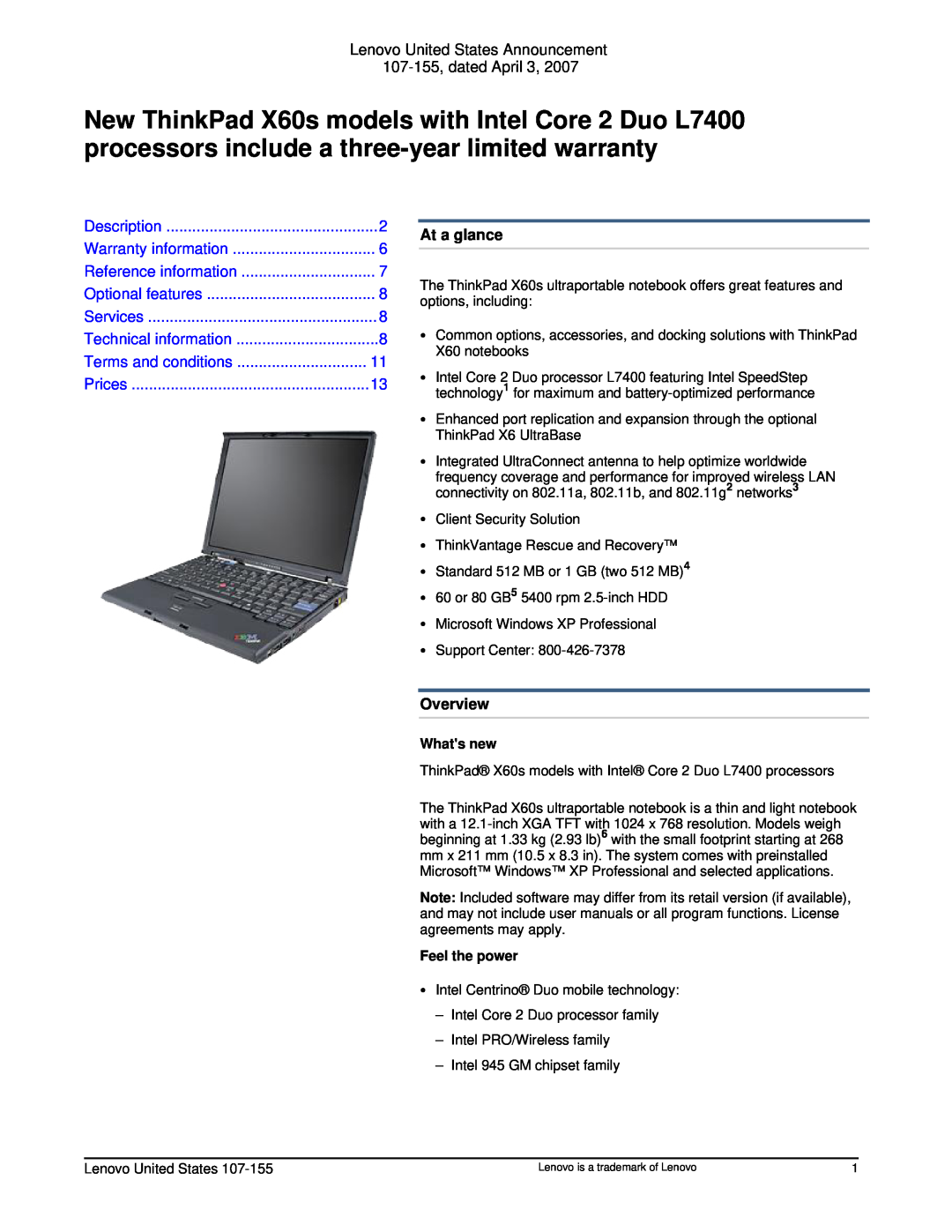 Lenovo X60S user manual At a glance, Overview, Description, Warranty information, Reference information, Optional features 