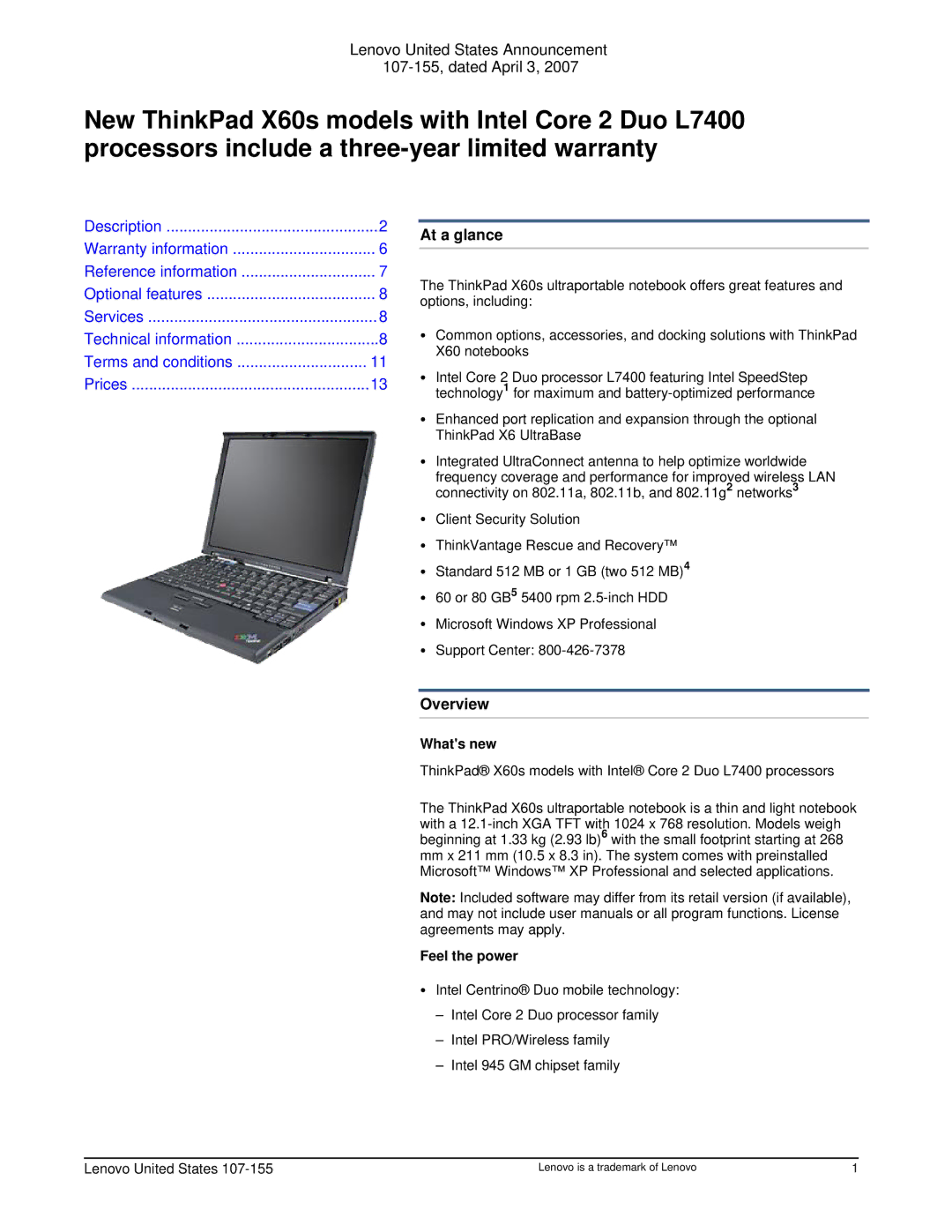 Lenovo X60S user manual At a glance, Overview, Whats new, ThinkPad X60s models with Intel Core 2 Duo L7400 processors 