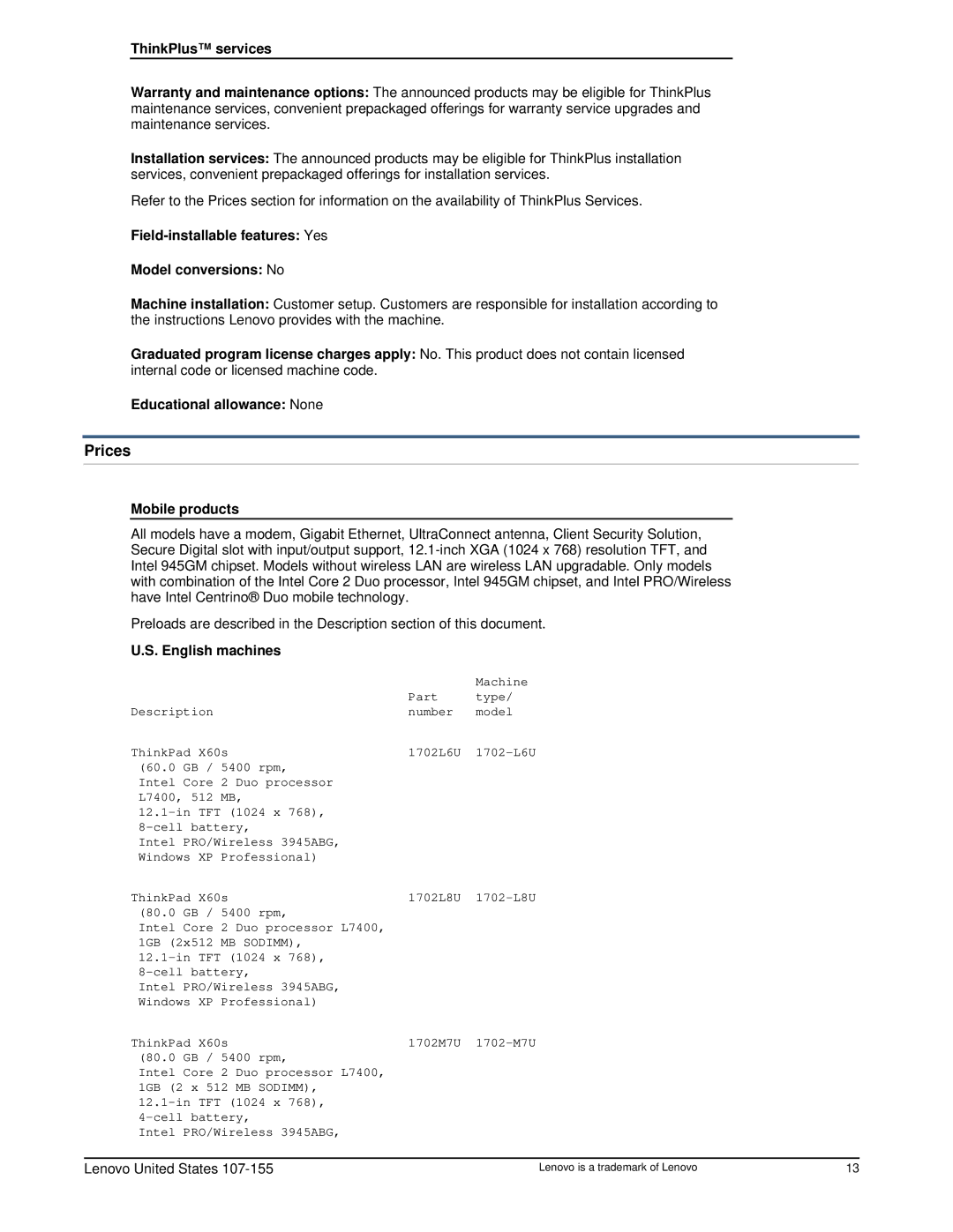 Lenovo X60S user manual Prices, ThinkPlus services, Field-installable features Yes Model conversions No, Mobile products 