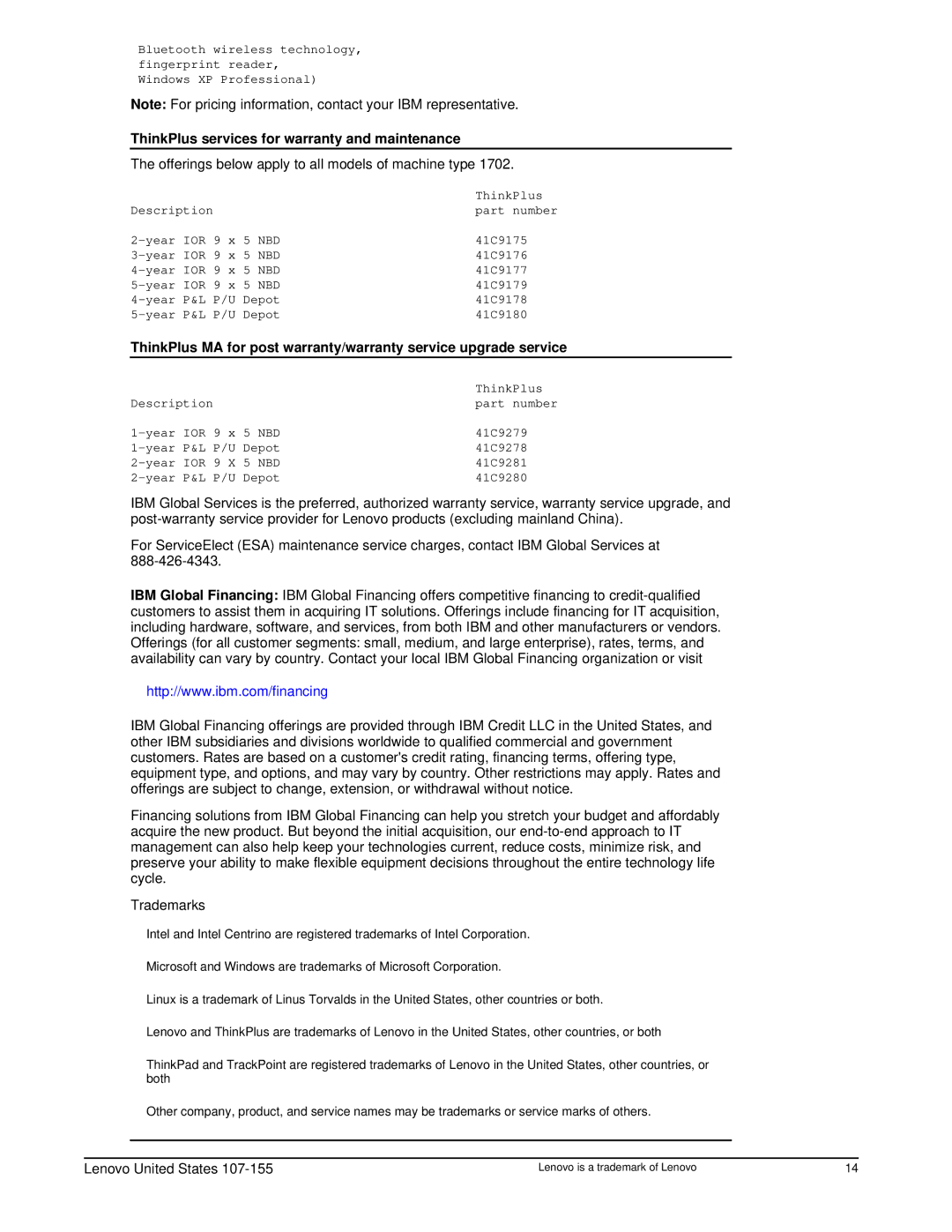 Lenovo X60S ThinkPlus services for warranty and maintenance, Offerings below apply to all models of machine type 