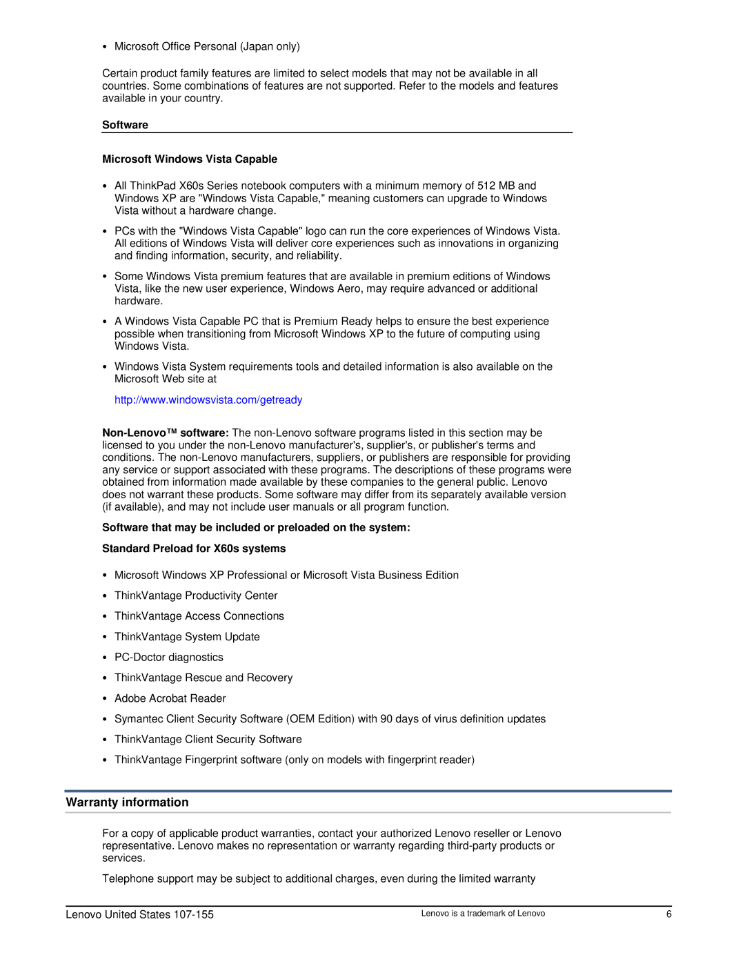 Lenovo X60S user manual Warranty information, Software Microsoft Windows Vista Capable 