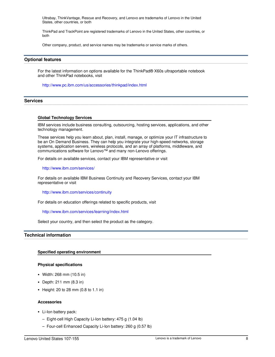 Lenovo X60S user manual Optional features, Services, Technical information 