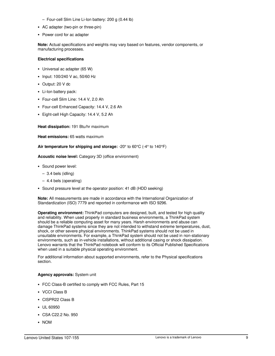 Lenovo X60S user manual Electrical specifications, Agency approvals System unit 