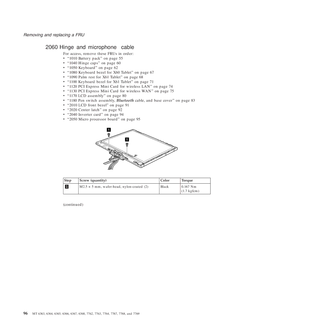 Lenovo X61 Tablet manual Hinge and microphone cable 