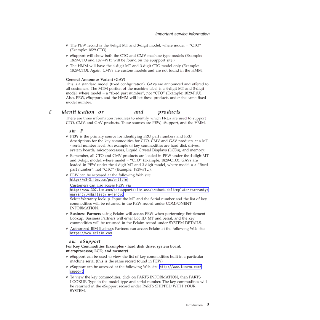 Lenovo X61 Tablet manual FRU identification for CTO, CMV, and GAV products, Using PEW, Using eSupport 