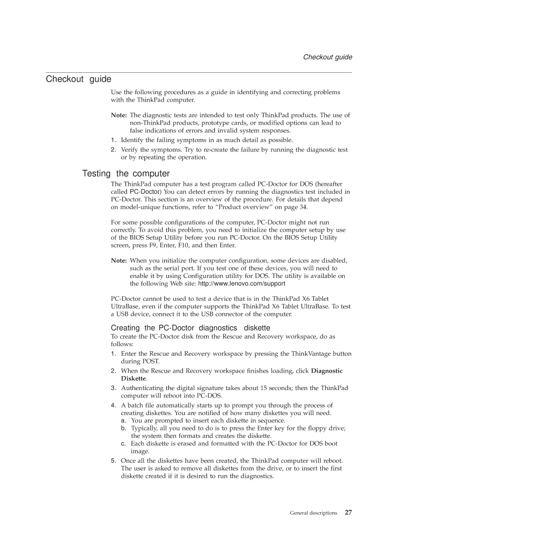 Lenovo X61 Tablet manual Checkout guide, Testing the computer, Creating the PC-Doctor diagnostics diskette 