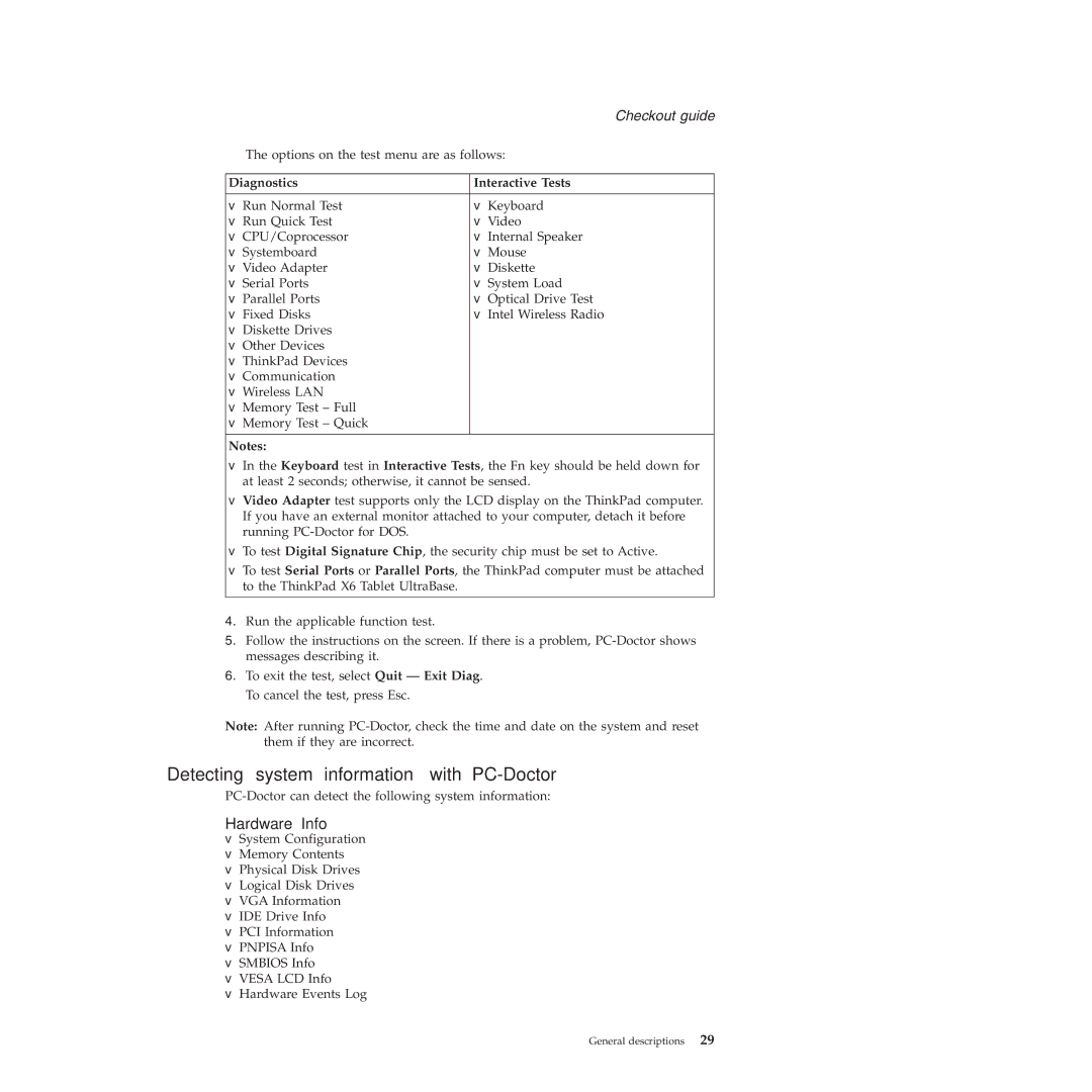 Lenovo X61 Tablet manual Detecting system information with PC-Doctor, Hardware Info, Diagnostics Interactive Tests 