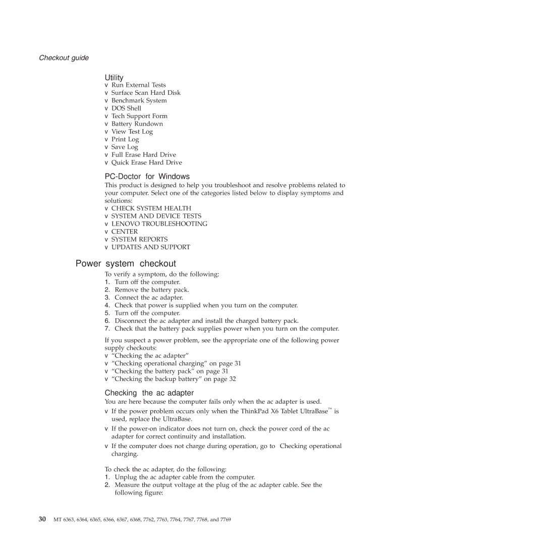 Lenovo X61 Tablet manual Power system checkout, Utility, PC-Doctor for Windows, Checking the ac adapter 