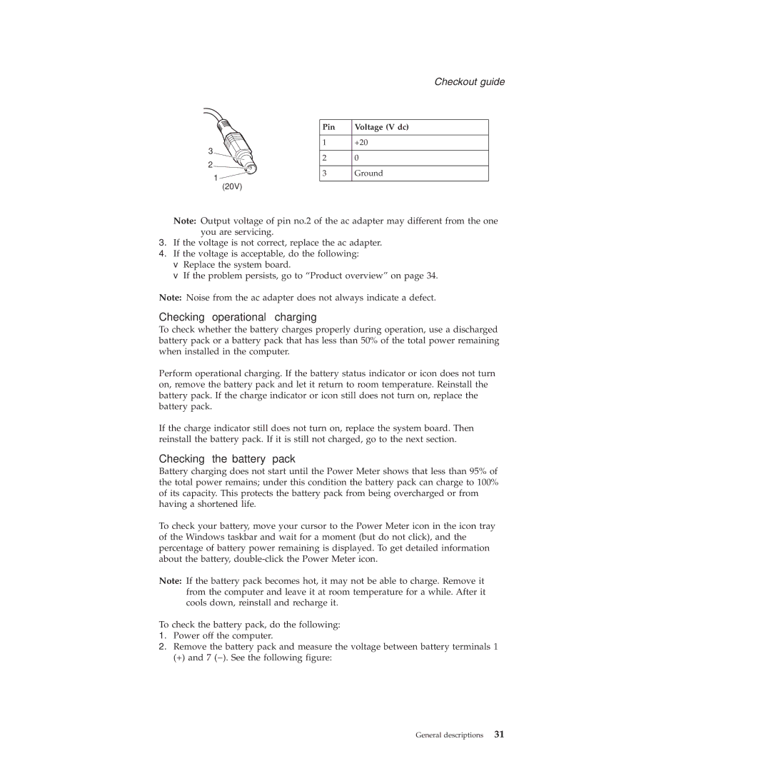 Lenovo X61 Tablet manual Checking operational charging, Checking the battery pack, Pin Voltage V dc 