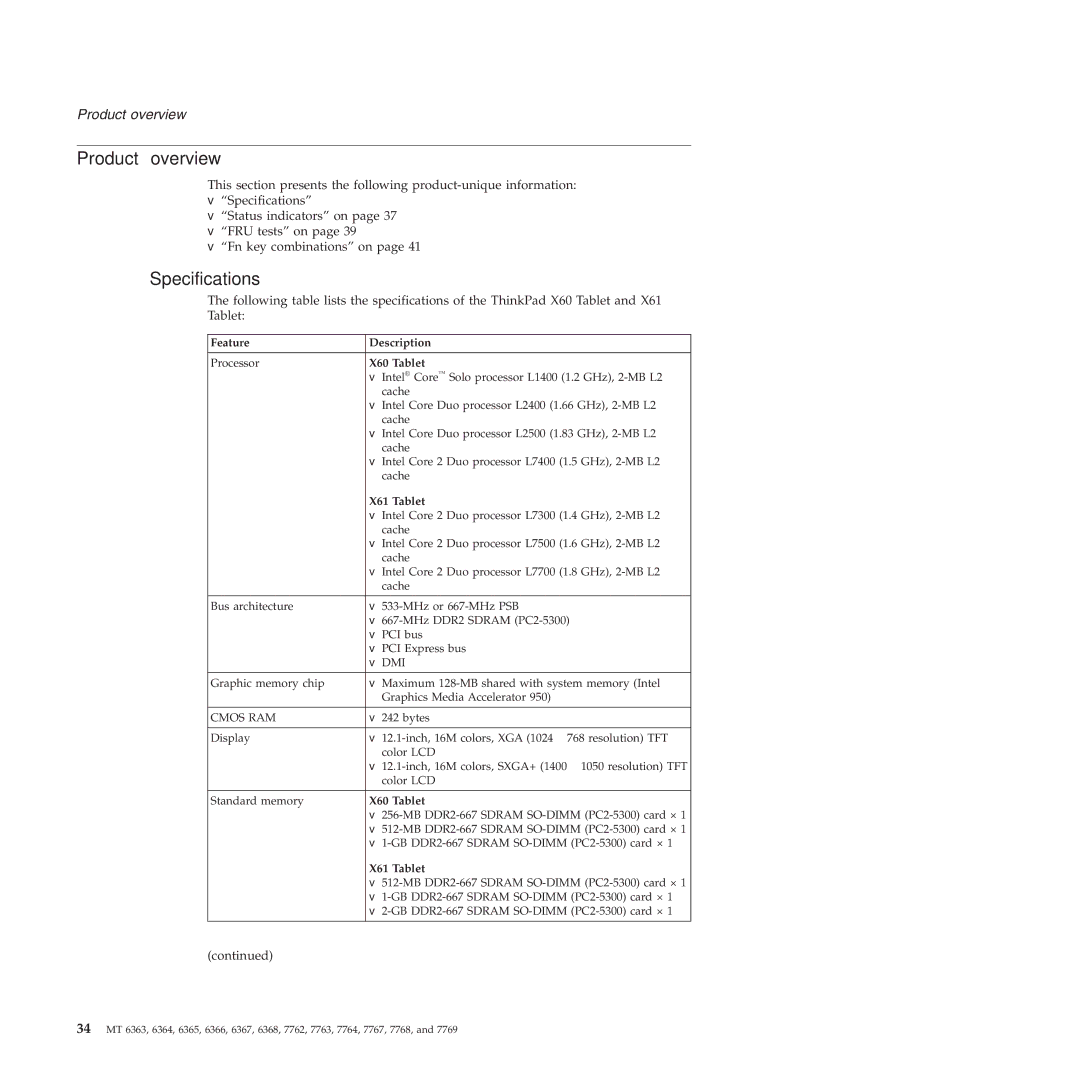 Lenovo X61 Tablet manual Product overview, Specifications, Feature Description, X60 Tablet 