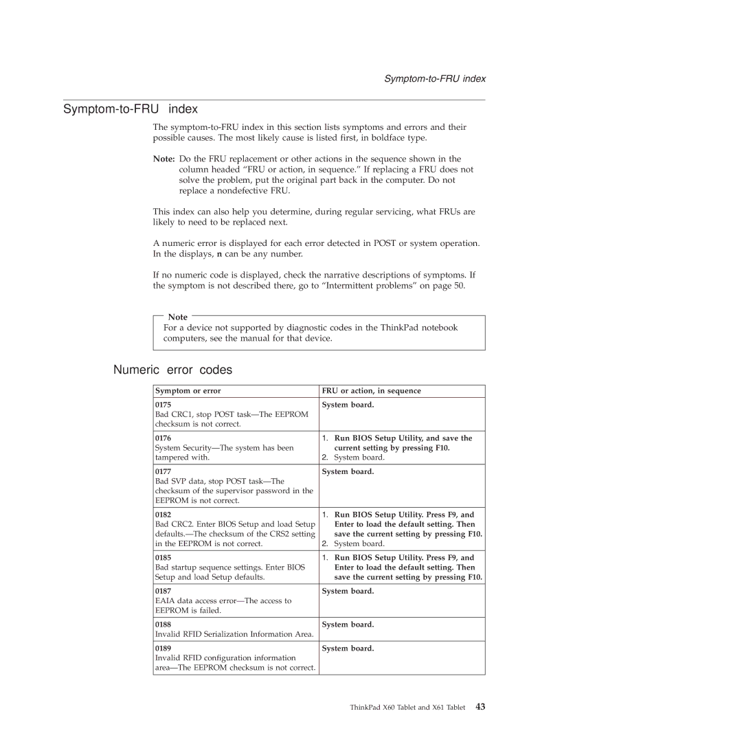 Lenovo X61 Tablet manual Symptom-to-FRU index, Numeric error codes 