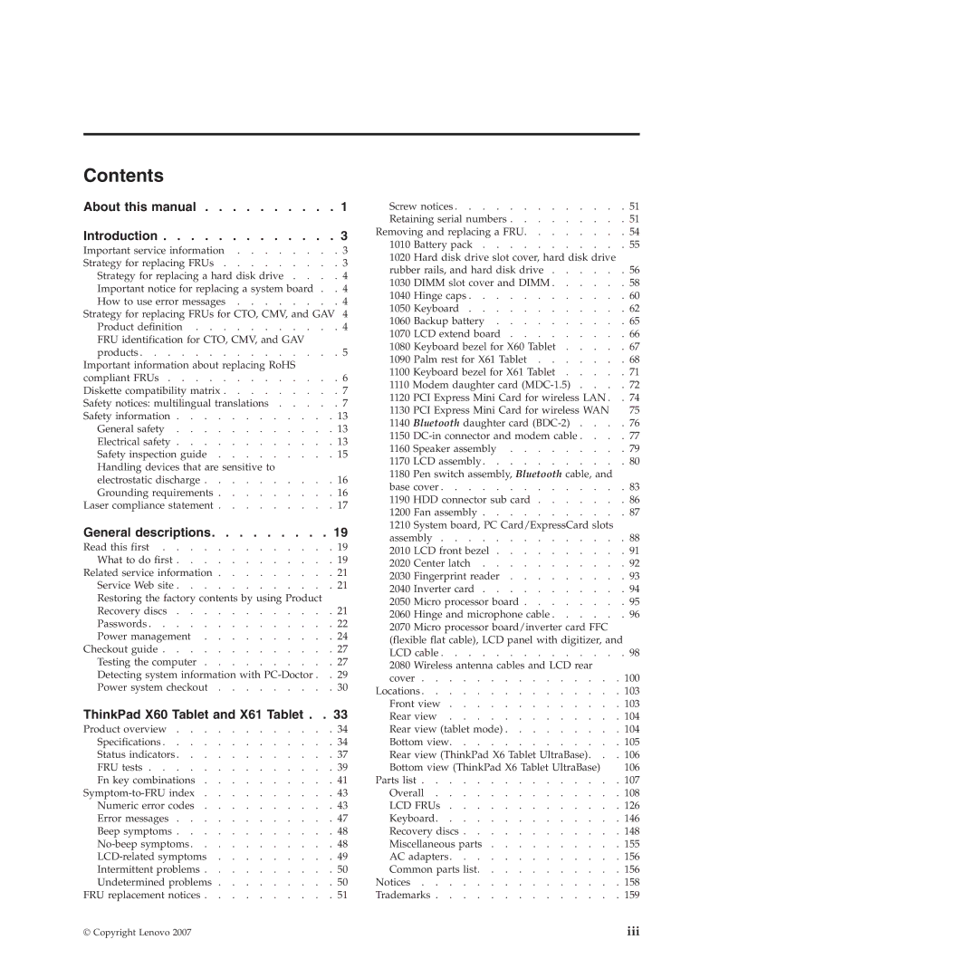 Lenovo X61 Tablet manual Contents 