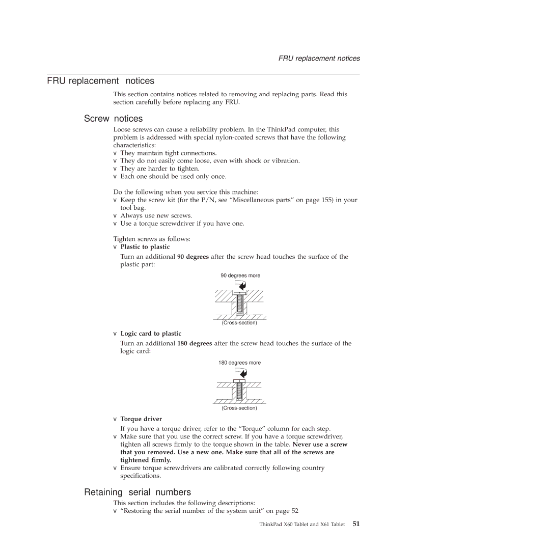 Lenovo X61 Tablet manual FRU replacement notices, Screw notices, Retaining serial numbers 