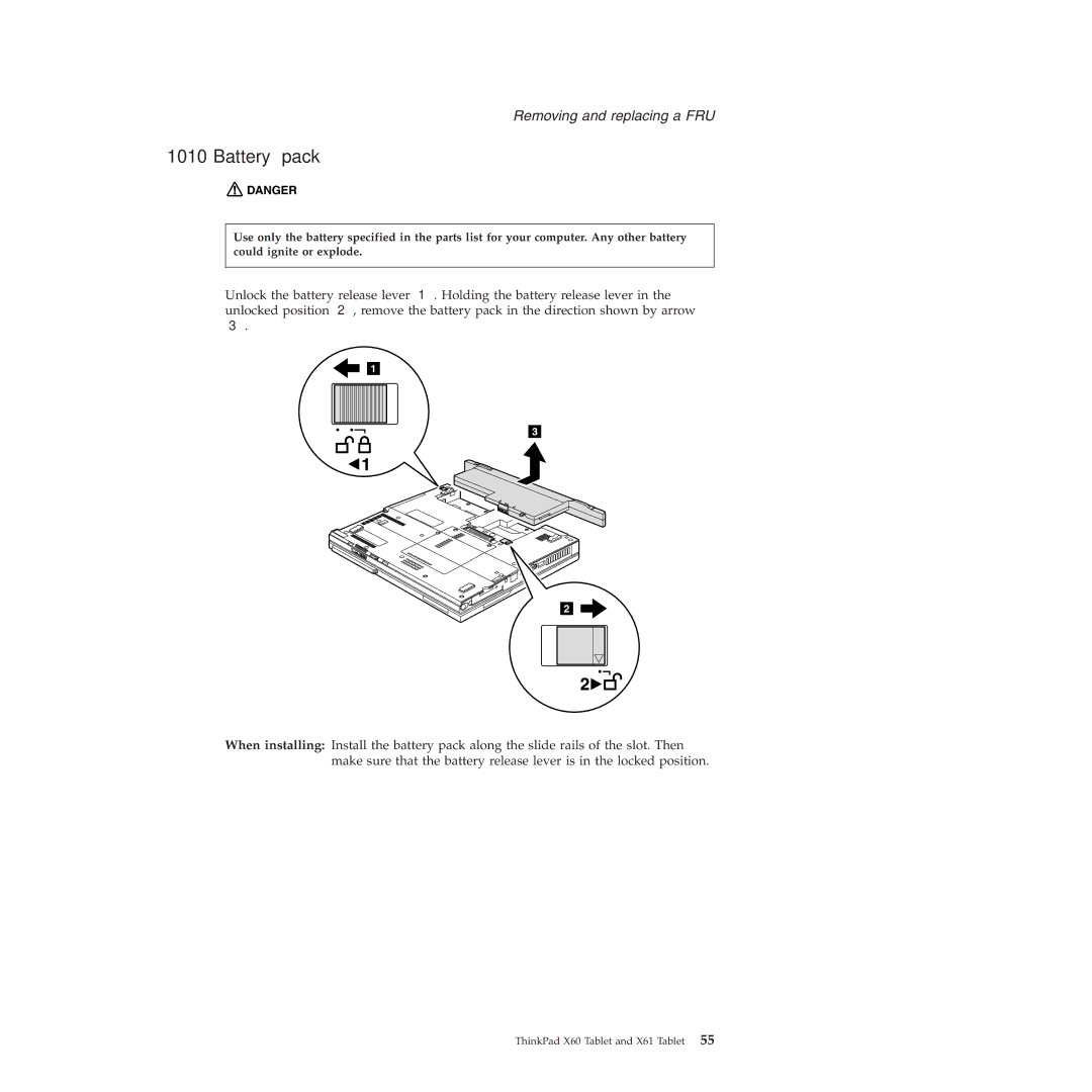 Lenovo X61 Tablet manual Battery pack 