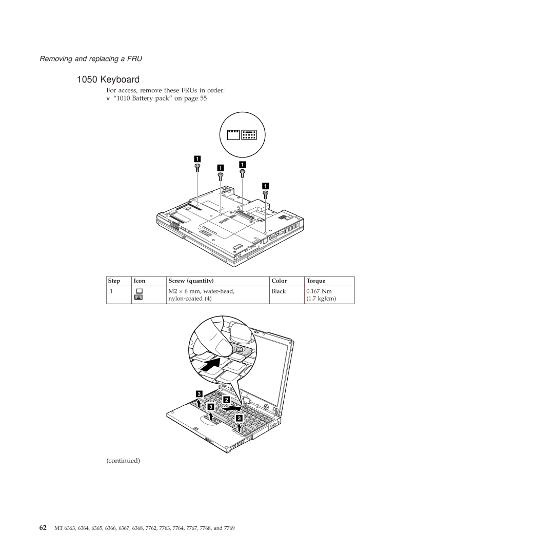 Lenovo X61 Tablet manual Keyboard, Step Icon Screw quantity Color Torque 