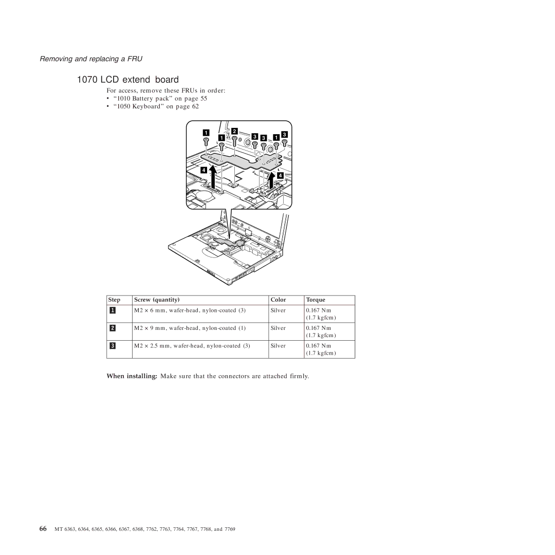 Lenovo X61 Tablet manual LCD extend board, Step Screw quantity Color Torque 