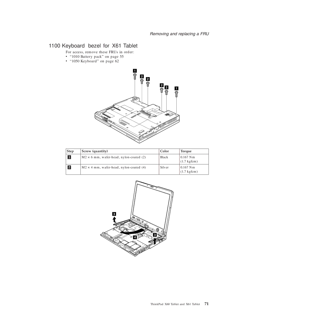 Lenovo manual Keyboard bezel for X61 Tablet, Step Screw quantity Color Torque 