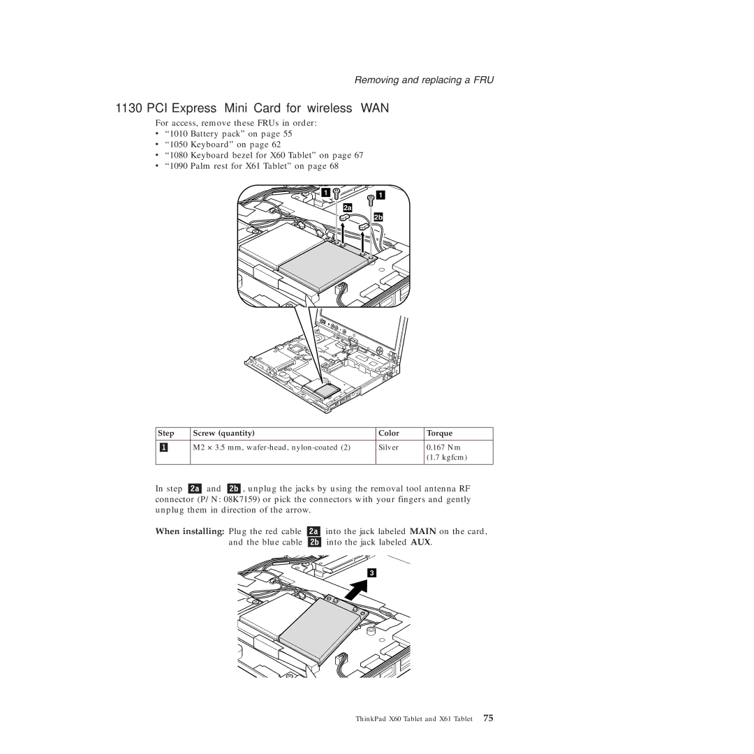 Lenovo X61 Tablet manual PCI Express Mini Card for wireless WAN, Step Screw quantity Color Torque 