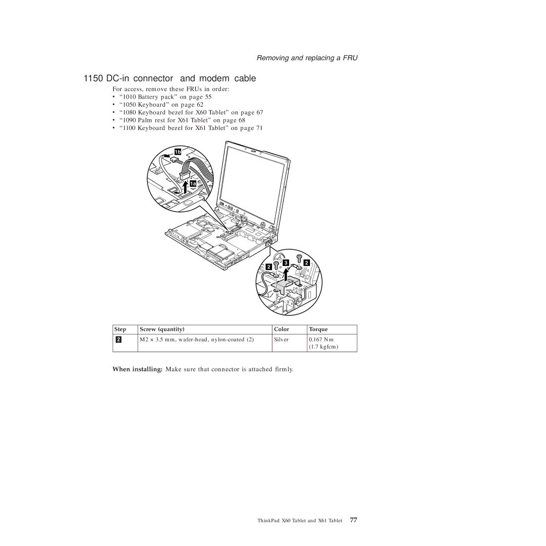 Lenovo X61 Tablet manual DC-in connector and modem cable 